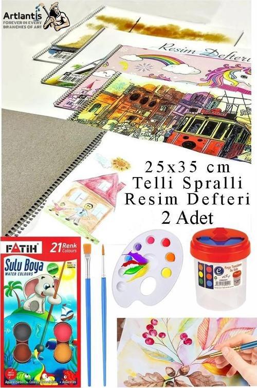 21 Renk Fatih Sulu Boya 25x35 cm Telli Spralli Resim Defteri Resim Paleti Resim Fırçası Temizleme Kabı Suluboya Okul