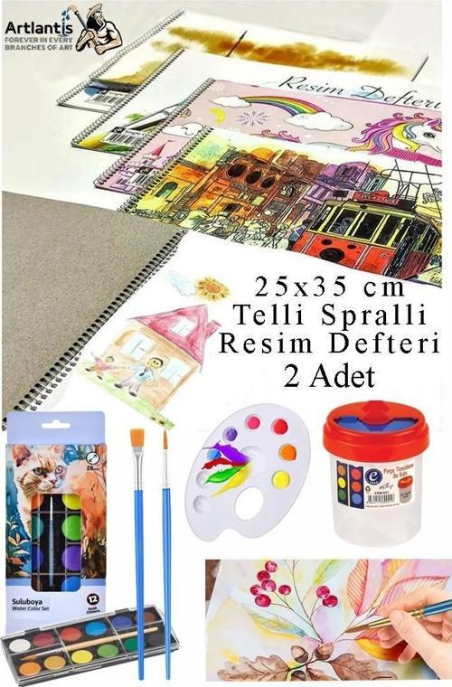 12 Renk Brons Sulu Boya 25x35 cm Telli Spralli Resim Defteri Resim Paleti Resim Fırçası Temizleme Kabı Suluboya Okul