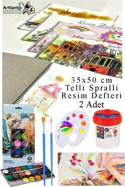 21 Renk Brons Sulu Boya 35x50 cm Telli Spralli Resim Defteri Resim Paleti Resim Fırçası Temizleme Kabı Suluboya Okul