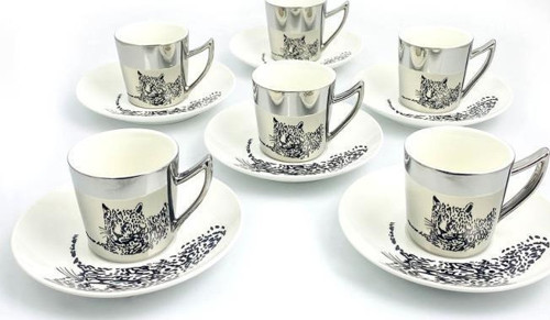 Porselen 6 Kişilik Kaplan Yansımalı Kahve Fincanı Takımı 90Ml