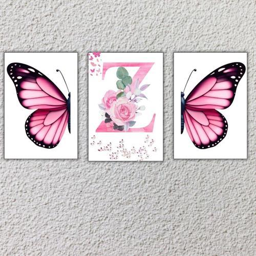 Kız Çocuk Odası İçin Pembe Kelebek ve Harf Tasarımlı Çerçevesiz Duvar Posteri  50 x 70
