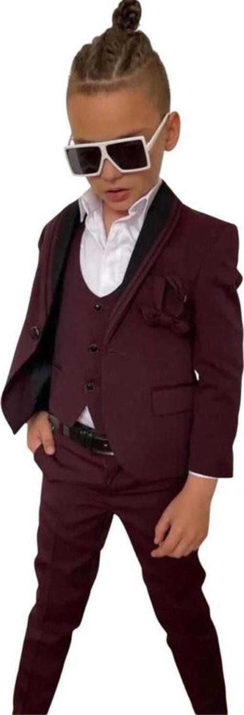 Erkek Çocuk Yakası Şerit Detaylı Cepken Yelekli Blazer Ceketli Bordo Takım Elbise