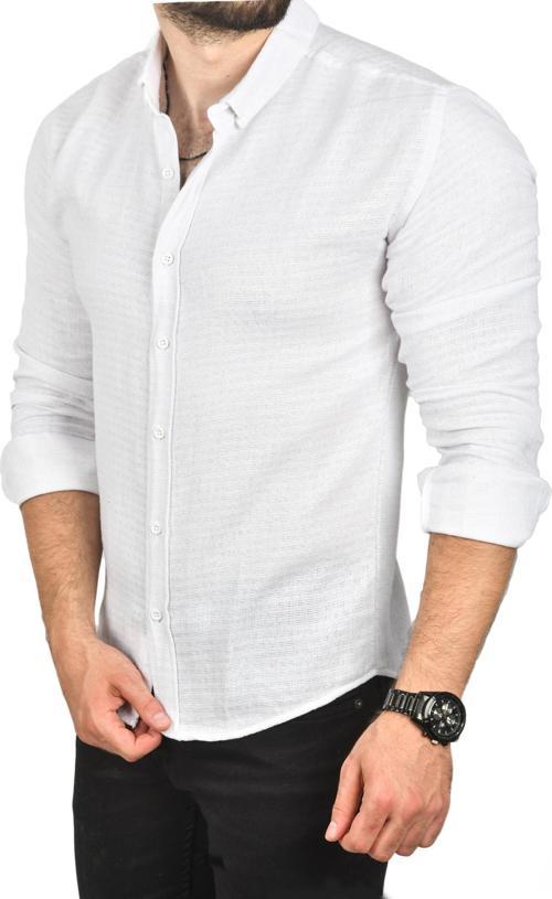 Erkek Beyaz Slim Fit %100 Pamuk Keten Gömlek Dar Kesim Dokulu Keten Gömlek 2501302