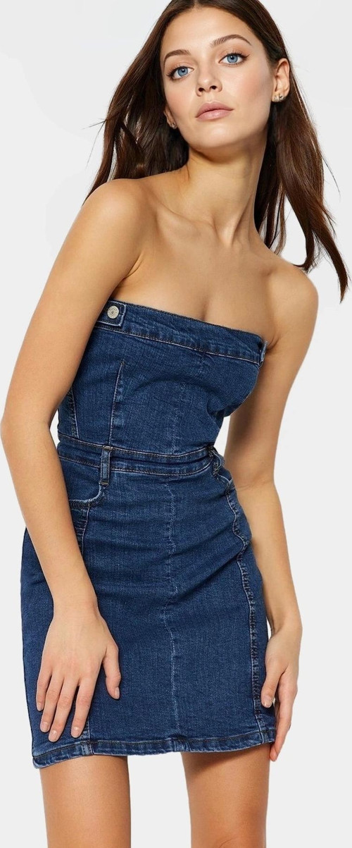 Mini Denim Elbise Fitted Kalıp Straplez Yaka Şık Görünüm Dayanıklı Malzeme Modern Stil