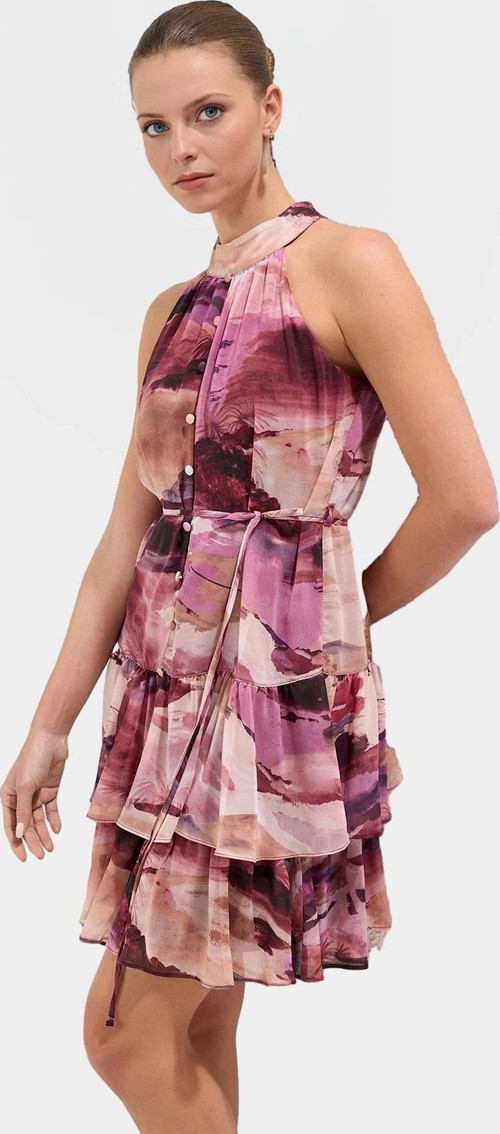 Çiçekli Desenli Halter Yaka Mini Elbise Hafif Polyester Kumaş Yazlık Günlük Şık Görünüm
