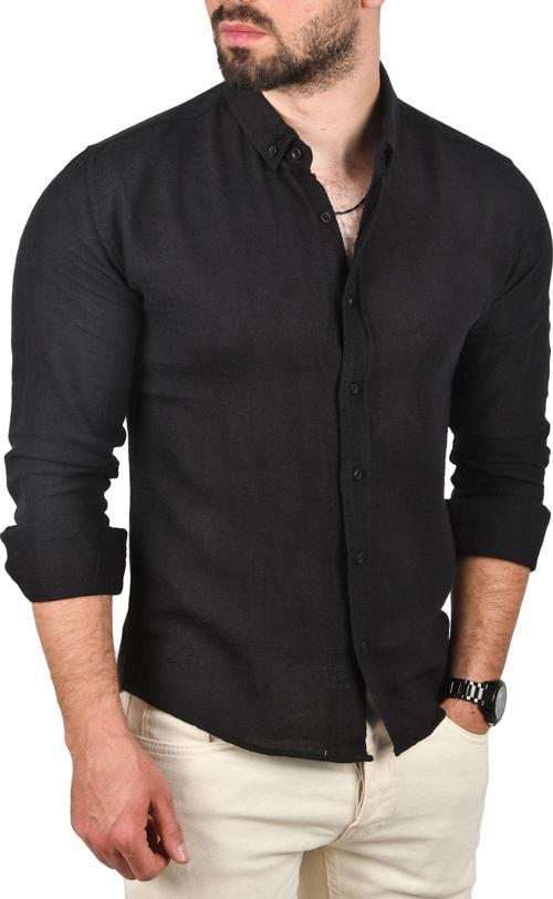 Erkek Siyah Slim Fit %100 Pamuk Keten Gömlek Dar Kesim Dokulu Keten Gömlek 2501302