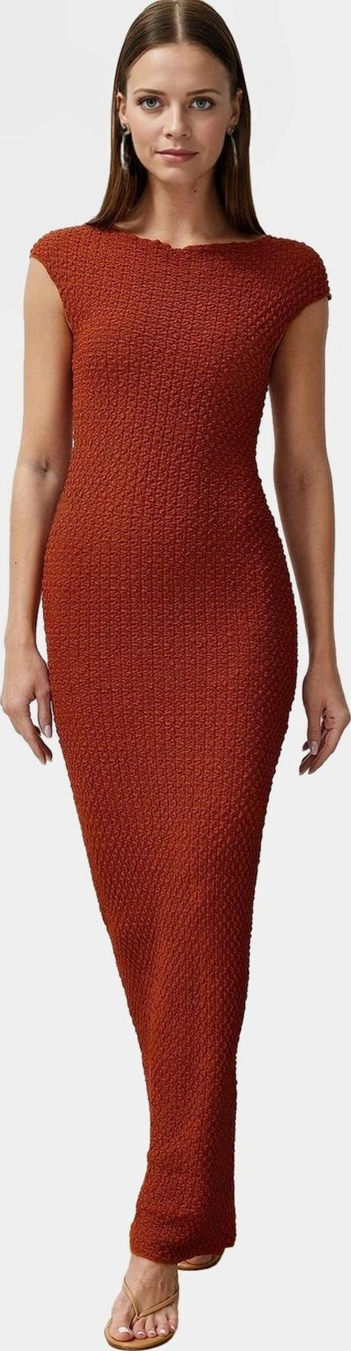 Şık Yazlık Örme Midi Elbise Bodycon Kalıp Kayık Yaka Esnek Kumaş Rahat Ve
