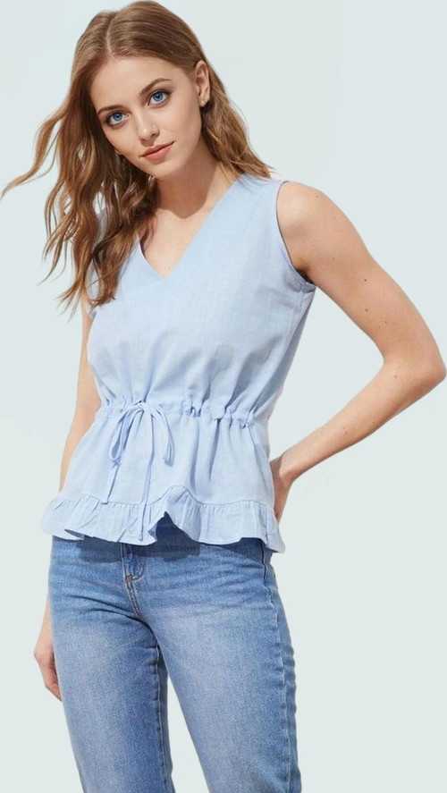 Yazlık Pamuklu Polyester V Yaka Belden Bağlamalı Bluz Günlük Kullanım İçin Modern Stil Mükemmel Uyum