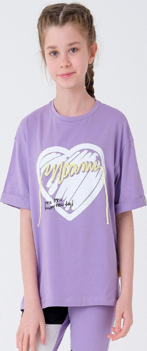 Style Chıld Kız Çocuk Mor Kalp Baskılı Ip Detaylı T-Shirt T2095