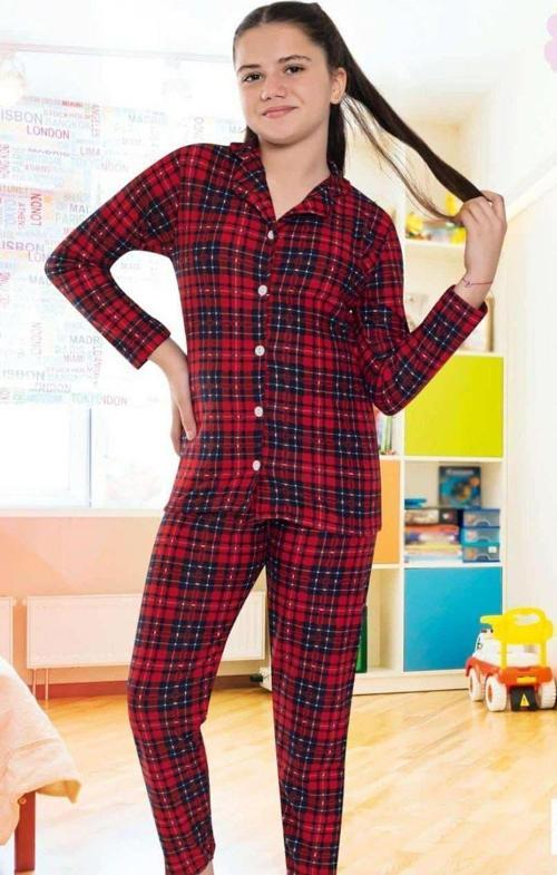 Miosse Kids Kız Çocuk Pamuklu Süet Kırmızı Ekose Desenli Gömlek Yaka Boydan Düğmeli Uzun Kollu Pijama Takımı M6591
