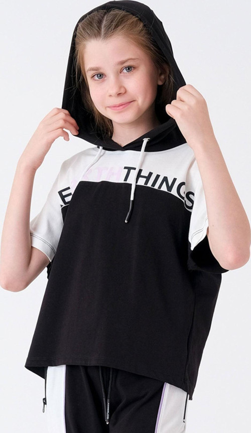 Siyah Beyaz Kız Çocuk Kapüşonlu Baskılı T-Shirt Hn44