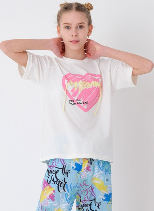 Style Chıld Kız Çocuk Ekru Kalp Baskılı Ip Detaylı T-Shirt T2095