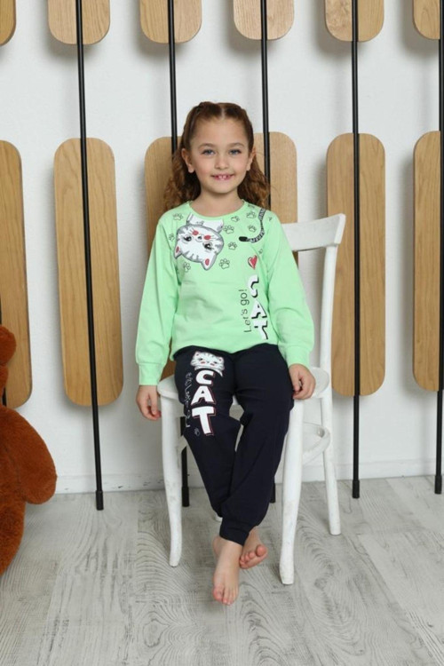 Angelos Gırls Kız Çocuk Kedi Baskılı Pijama 3-11 Yaş 6053-54
