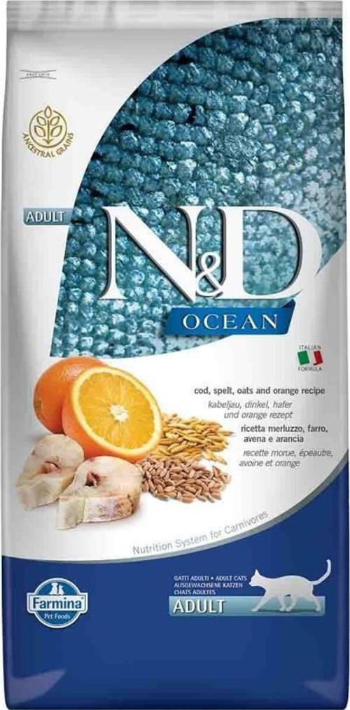 Ocean Morina Balığı, Kılçıksız Buğday, Yulaf & Portakal Yetişkin Kedi Maması, 10 Kg