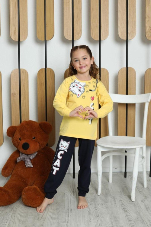 Angelos Gırls Kız Çocuk Kedi Baskılı Pijama 3-11 Yaş 6053-54