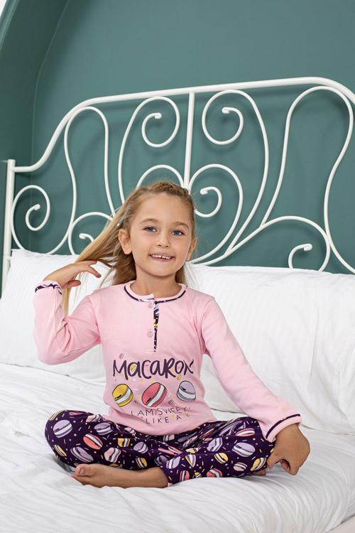 Angelos Gırls Kız Çocuk Macaron Baskılı Bloklu Pijama Takımı 11-15 Yaş
