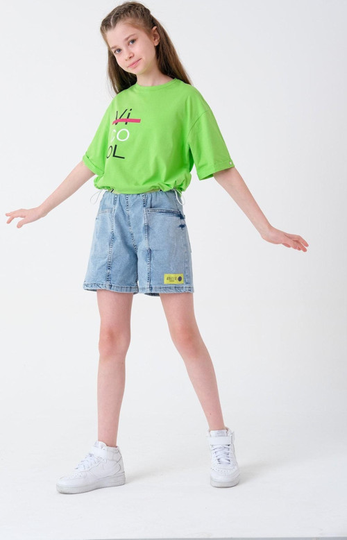 Style Chıld Mavi Kız Çocuk Beli Lastik Kuşaklı Jean Kot Şort T1960