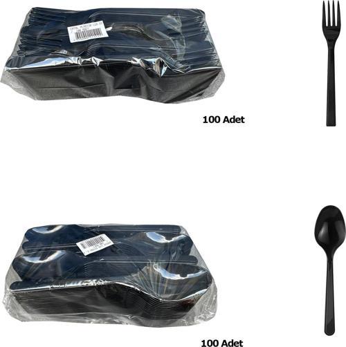 Plastik Siyah Çatal Kaşık Seti Takımı- 100 Ad. Çatal + 100 Adet Kaşık - 18 Cm.