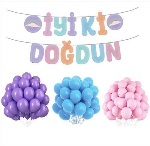 Makaron Banner+ Mor, Mavi, Pembe Balon Seti