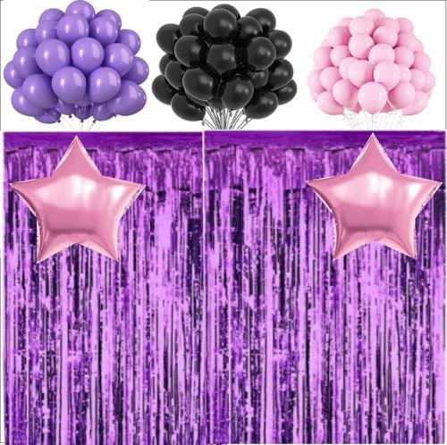 Mor, Siyah, Pembe Pastel Balon, 2 adet Pembe Yıldız Balon, 2 Adet Mor Arka Fon
