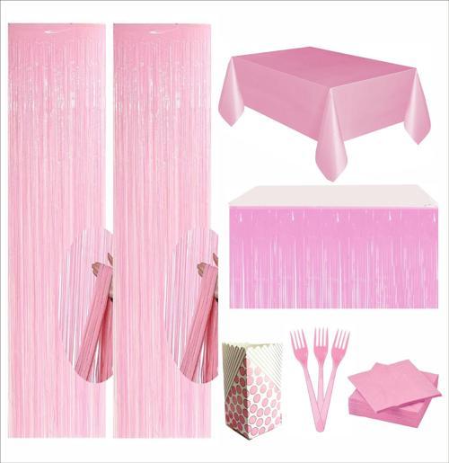 Pembe Masa Örtüsü, Pembe Masa Eteği, 2 adet Pembe Arka Fon, 10 adet Peçete, 10 adet Çatal, 8 Adet Mısır Kutusu