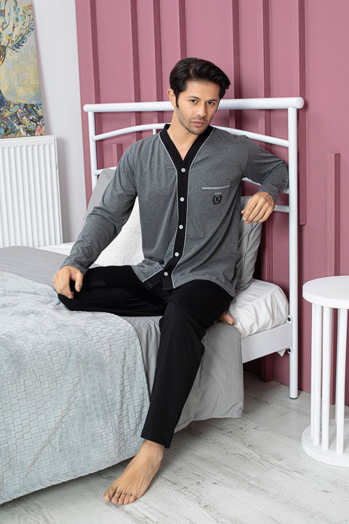 Erkek Pijama Takımı-Düğme Kapamalı-Bloklu-M-L-Xl-2Xl-5818Kx