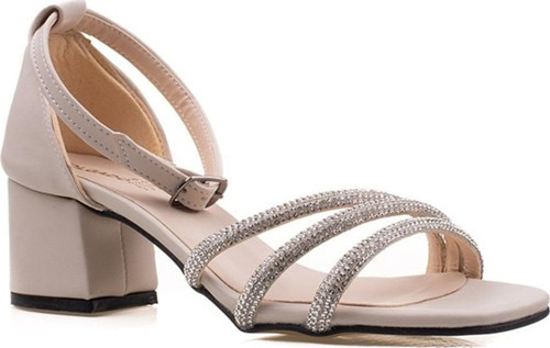 Bej Kadın Taşlı Kısa Topuklu Tek Bant Klasik Ayakkabı
