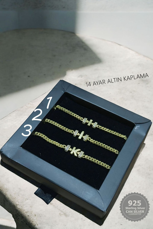 925 Ayar Gold Kaplama Zirkon Taş Detaylı I/İ/K Kadın Harf Bileklik