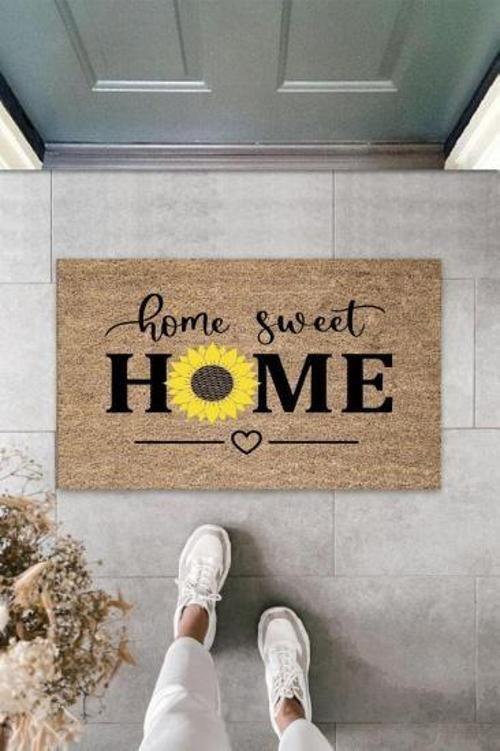 Büro Ev Ofis Yazlık Kapı Önü için Bej Home Sweet Home Papatyalı Paspas