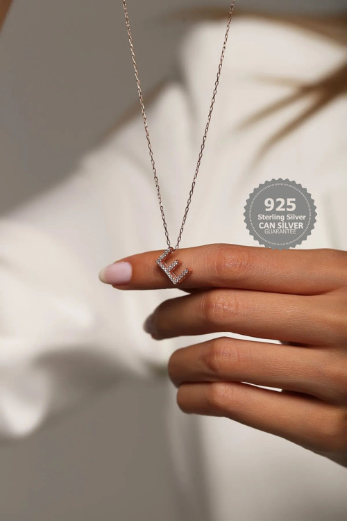 Kadın Üç Boyutlu E Harf Model 925 Ayar Gümüş Kolye