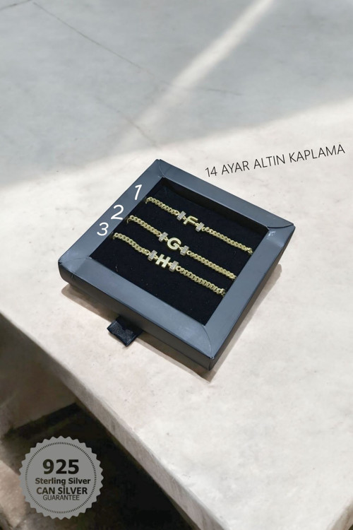 925 Ayar Gold Kaplama Zirkon Taş Detaylı F/G/H Kadın Harf Bileklik
