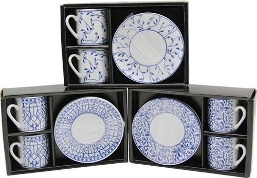 MAVİ - BEYAZ 4PCS=2-TAKIM  PORSELEN KAHVE FİNCANI  ÇİÇEK - ÇİZGİ - NOKTA MİX DESEN (5060)