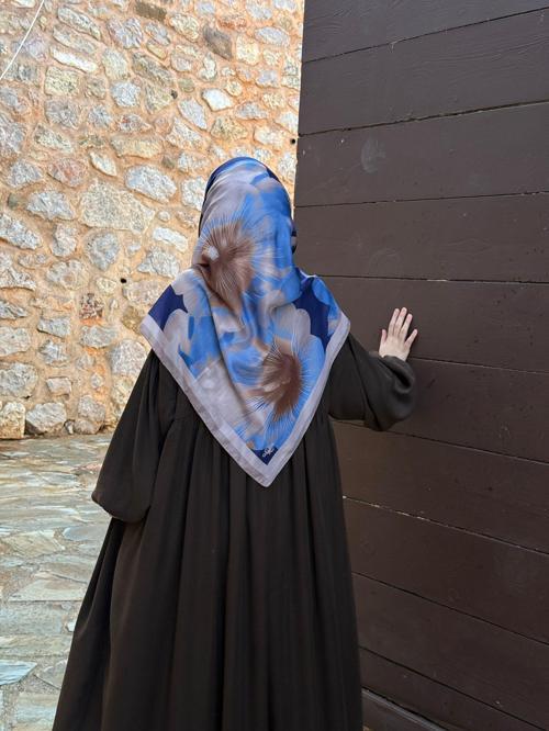 Pamuklu Flora Desen Eşarp-İndigo