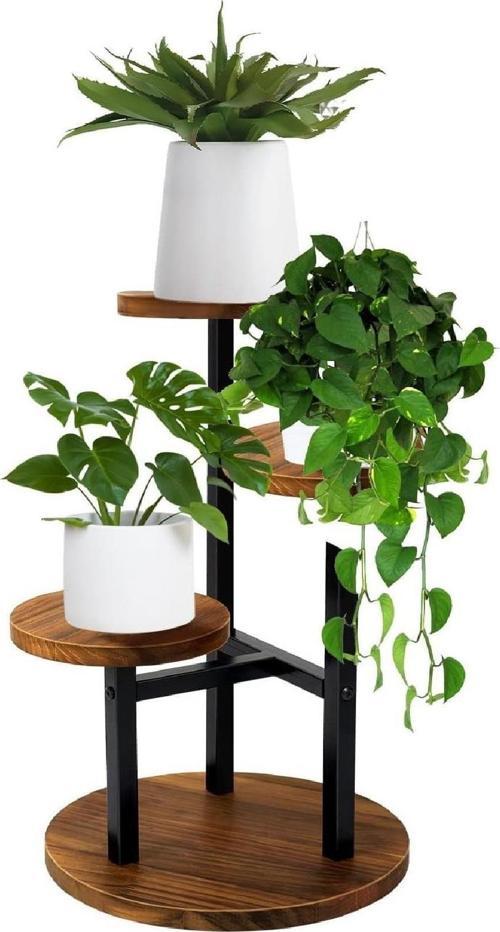 Çiçeklik 3 Raflı Saksılık Dekoratif 3 Raflı Çiçeklik Metal Doğal Ahşap Saksılık Çiçek Rafı Daire Model