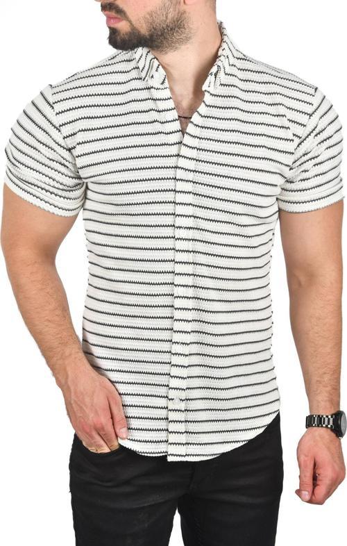 Erkek Beyaz Slim Fit Örme Kumaş Gömlek Likralı Dar Kesim Kısa Kol Örme Triko Gömlek 2501208