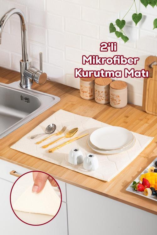 3139-1 2li Mikrofiber Tezgah Üstü Kurutma Matı Kurulama Bezi Süper Emici Bulaşıklık Krem