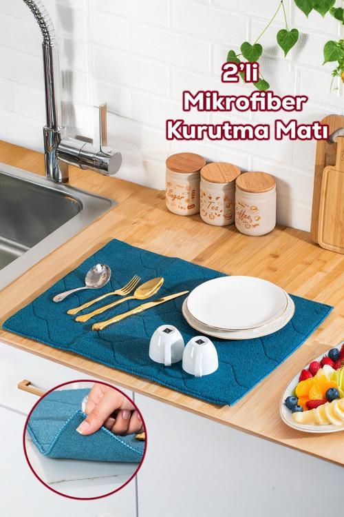 3139-2 2li Mikrofiber Tezgah Üstü Kurutma Matı Kurulama Bezi Süper Emici Bulaşıklık Mavi