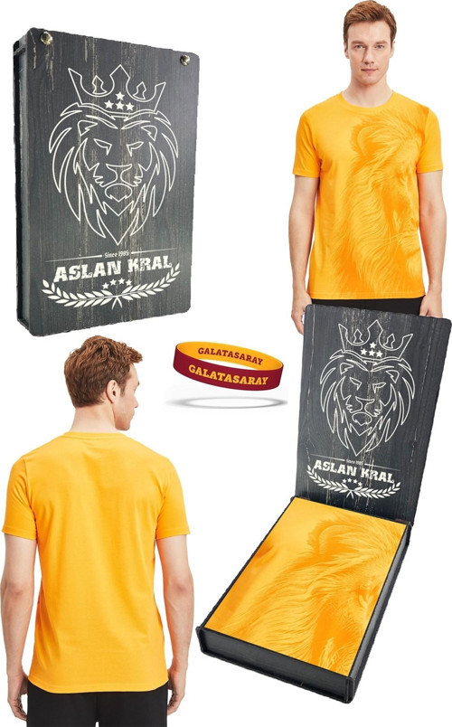 Orijinal Lisanslı Aslan Baskılı Sarı T-Shirt + Bileklik Set Hediyelik Ahşap