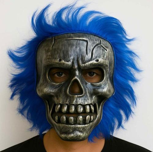 Wild Skull - Gümüş Kafatası Mavi Saçlı İskelet Maske