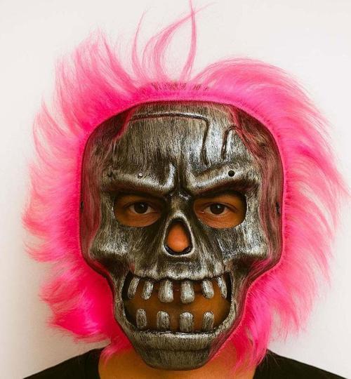 Wild Skull - Gümüş Kafatası Pembe Saçlı İskelet Maske