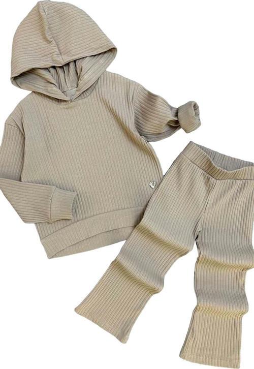 Kız Çocuk Kapüşonlu Sweatshirt Beli Lastikli Fitilli Bej Alt Üst Takım