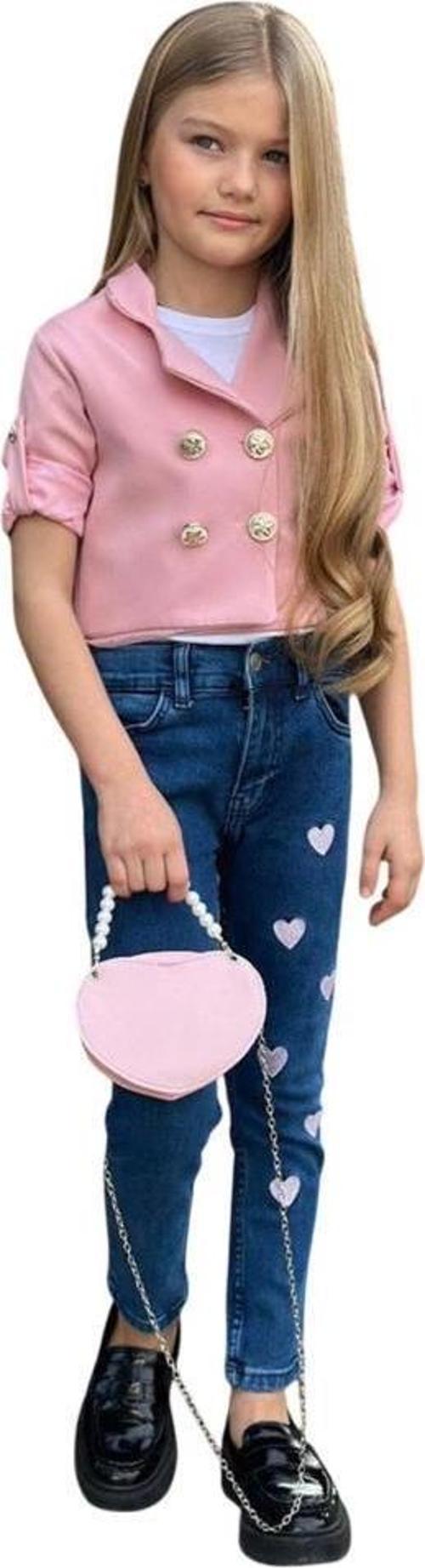 Kız Çocuk Gümüş Düğme Detaylı Pudra Blazer Ceket Kalp Detaylı Jean Pantolon Alt Üst Takım 2251205016