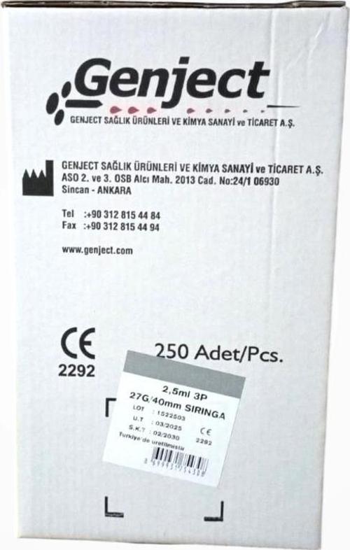 Dental Luer Lock (Kilitli) Enjektör 2ml Kısa Uç 0.40x40mm 27G - 250'li Kutu