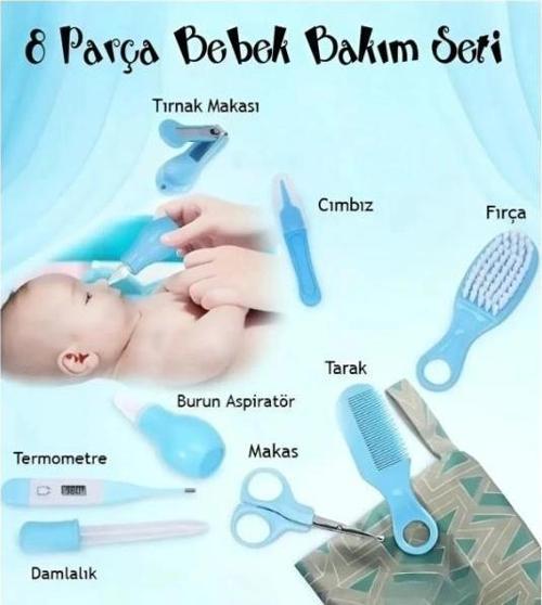 8 Parça Bebek Bakım Seti Mavi Renk