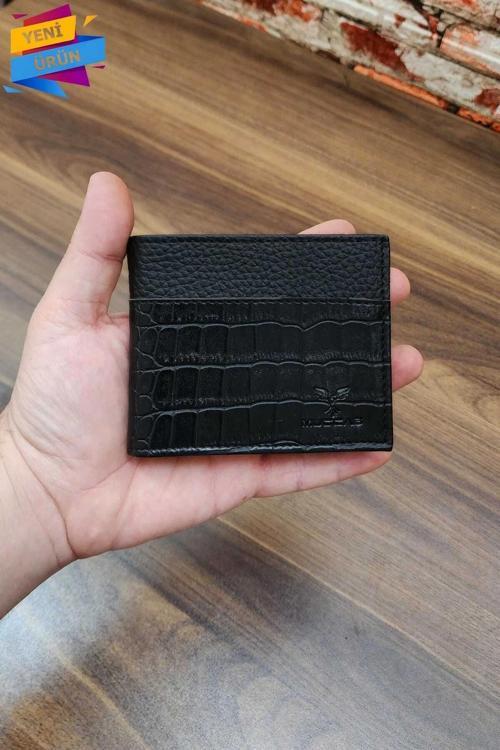 Erkek Cüzdan | Timsah derisi basklı | 10 Kart Cepli | Modern Tasarım | Siyah Renk