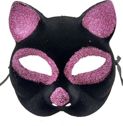 Siyah Renk Pembe Simli Kedi Maskesi