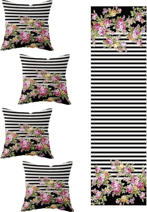 Enine Siyah Çizgi Çiçek Güllü Masa Değişik Ranır Modelleri Dekoratif 4'Lü Kırlent Kılıfı Runner Set