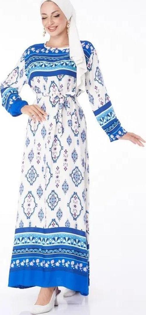 Düz Bisiklet Yaka Kadın Mavi Etnik Desenli Elbise