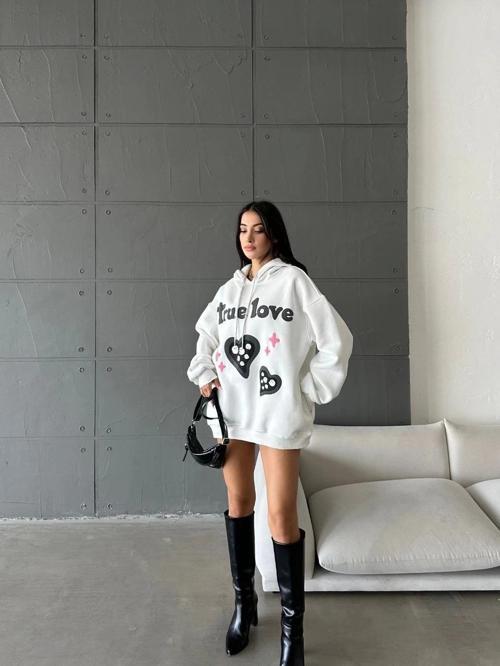 3 iplik şardonlu oversize compact true baskılı sweat Beyaz