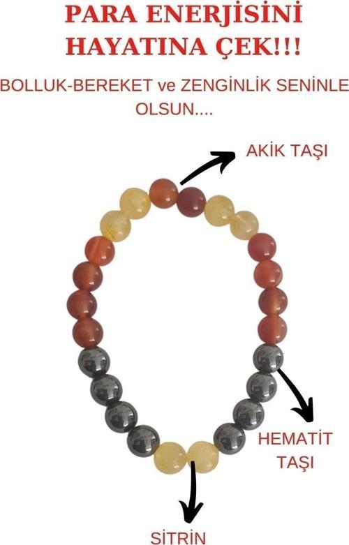 Para Bereket Ve Zenginlik Doğal Taş Tılsım Bilekliği Hematit, Sitrin, Akik Taşı Doğal Taş Bileklik